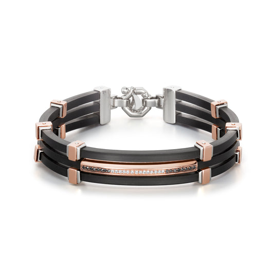 Baraka Gents 18ct Rose Gold, Silver, Stainless Steel and Black Rubber Bracelet with White and Black Diamonds