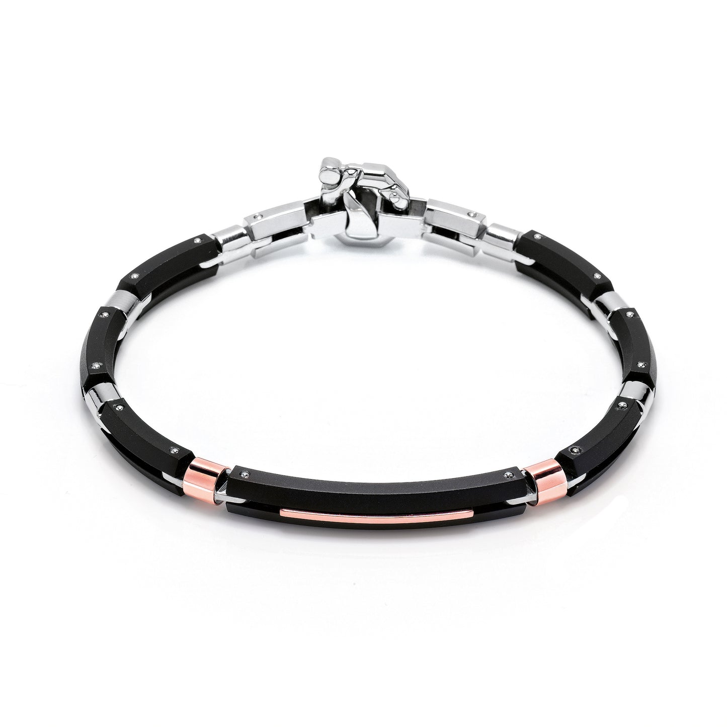 Baraka Gents 18ct Rose Gold, Black Stainless Steel Bracelet with Diamond Clasp