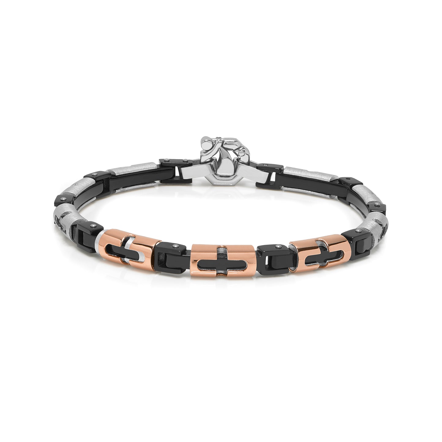 Baraka Gents 18ct Rose Gold, Silver, Black Stainless Steel Bracelet with Diamond