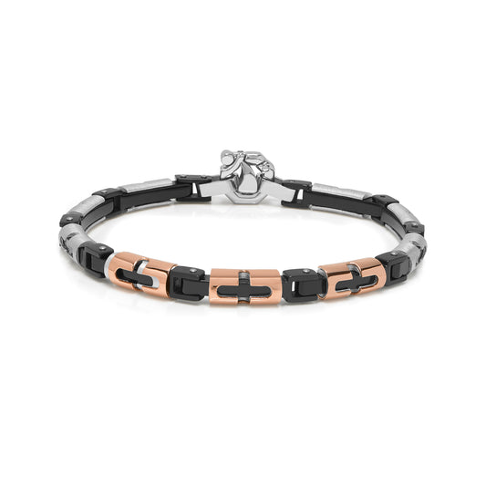 Baraka Gents 18ct Rose Gold, Silver, Black Stainless Steel Bracelet with Diamond