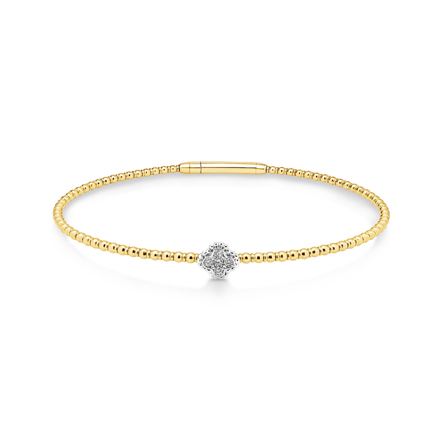 14ct yellow gold granule style bangle featuring 5 diamonds set into one white gold clover shaped station weighing a total of 0.10ct. This Flexi-style bangle has an easy close clasp