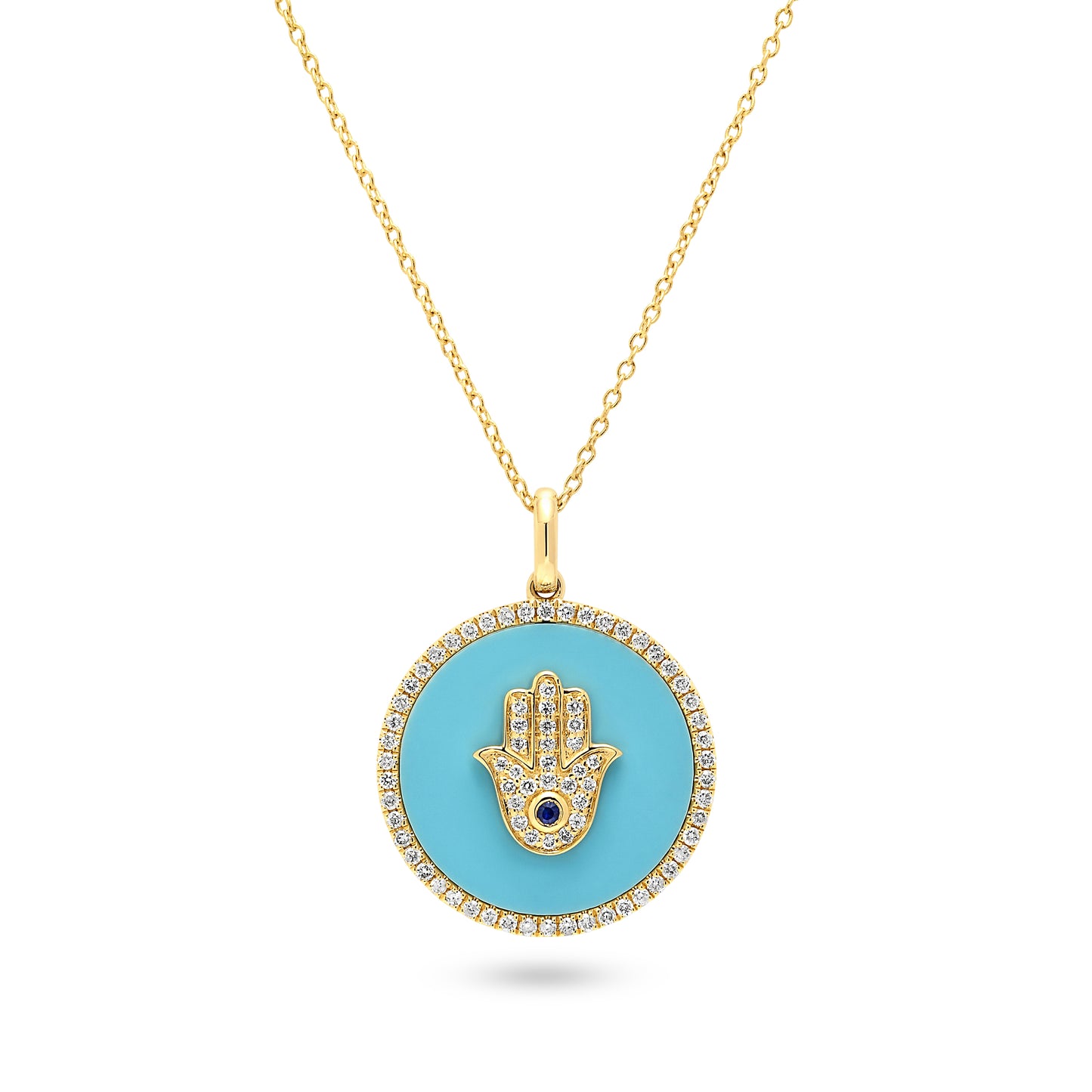 14ct Yellow Gold Diamond and Sapphire Hamsa Turquoise Medallion Pendant