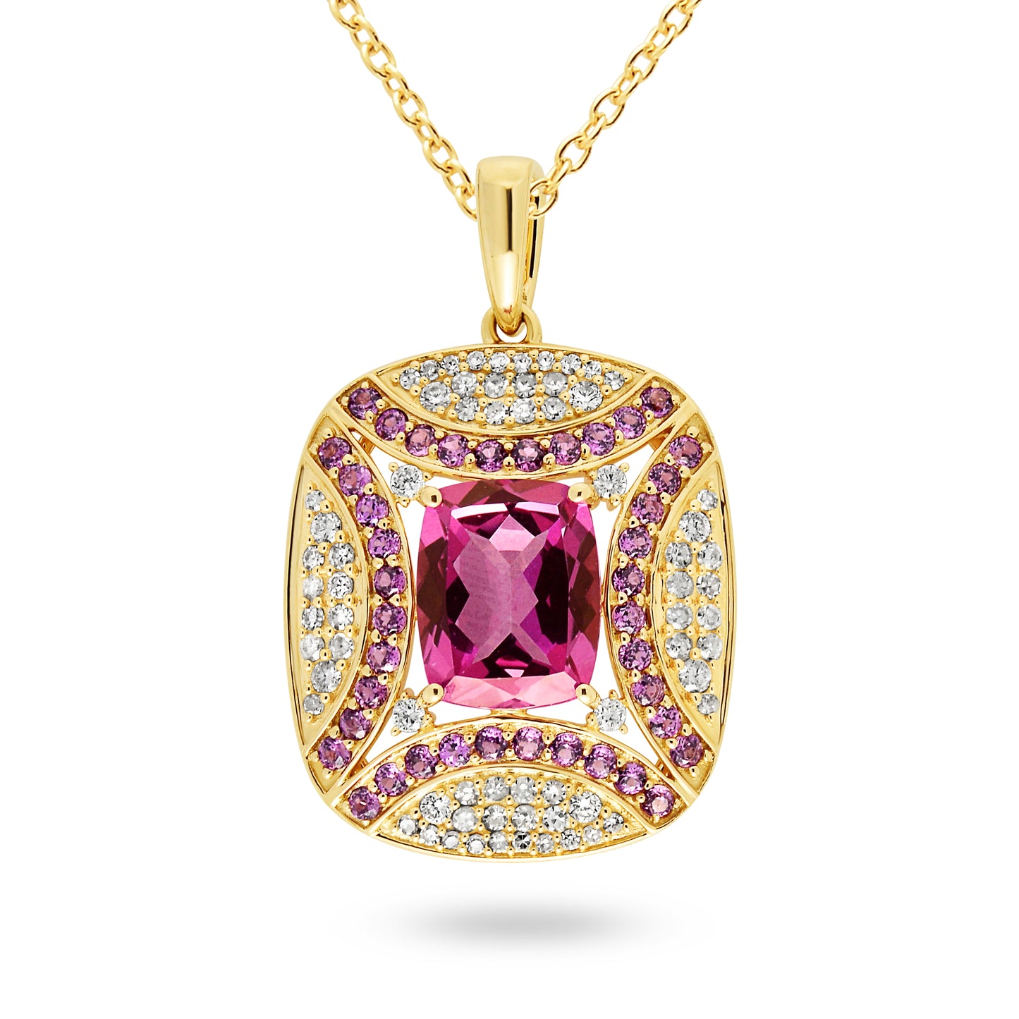 9ct Yellow Gold Pink Topaz, Rhodolite Garnet and Diamond Pendant