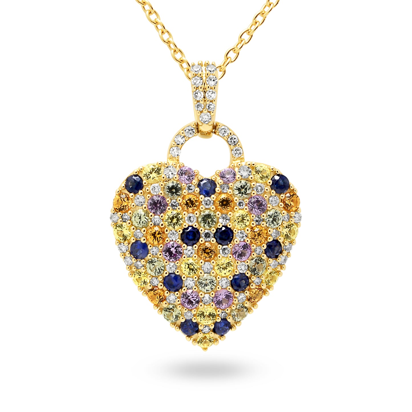 9ct Yellow Gold Heart Shaped Multcolour Sapphire and Diamond Pendant