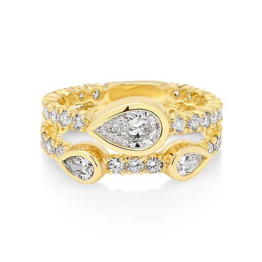 18ct Yellow Gold Double Row Pear and Round Diamond Dress Ring