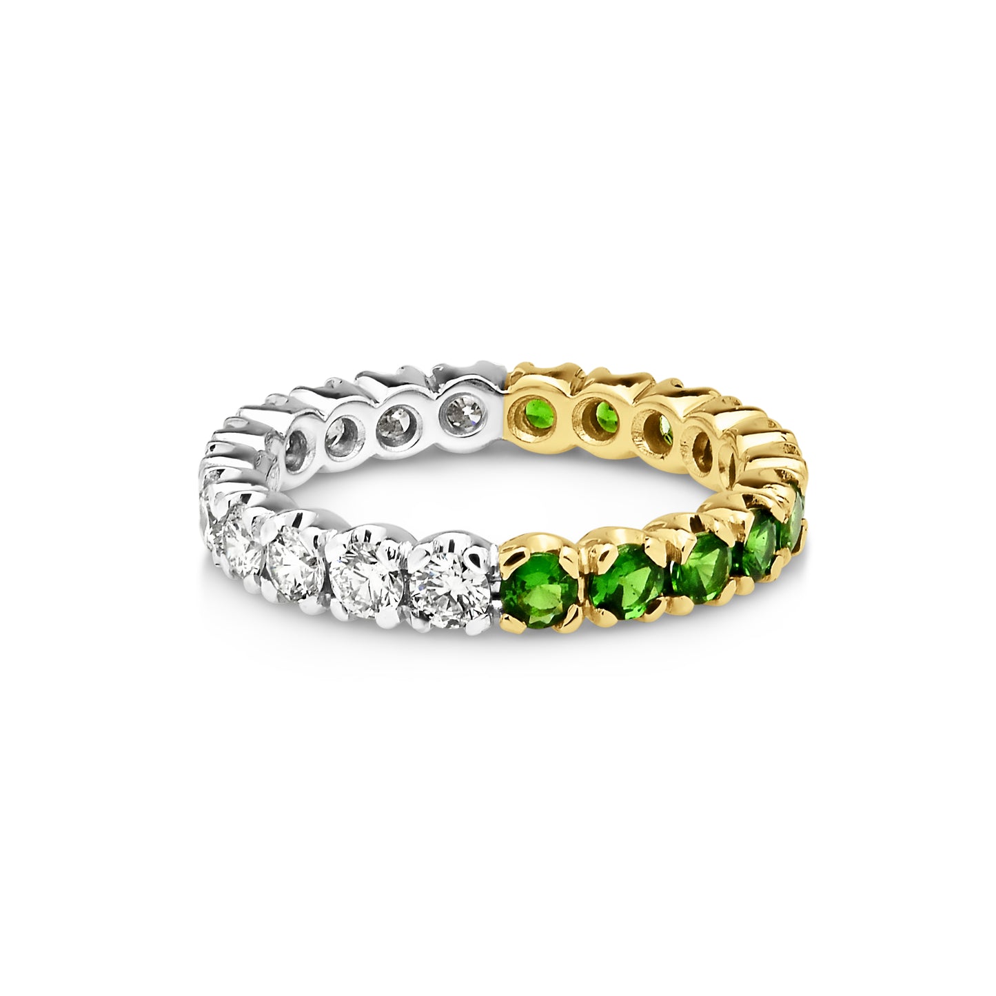 JE 18ct White Gold Diamond and Yellow Gold Tsavorite Half and Half Eternity Band