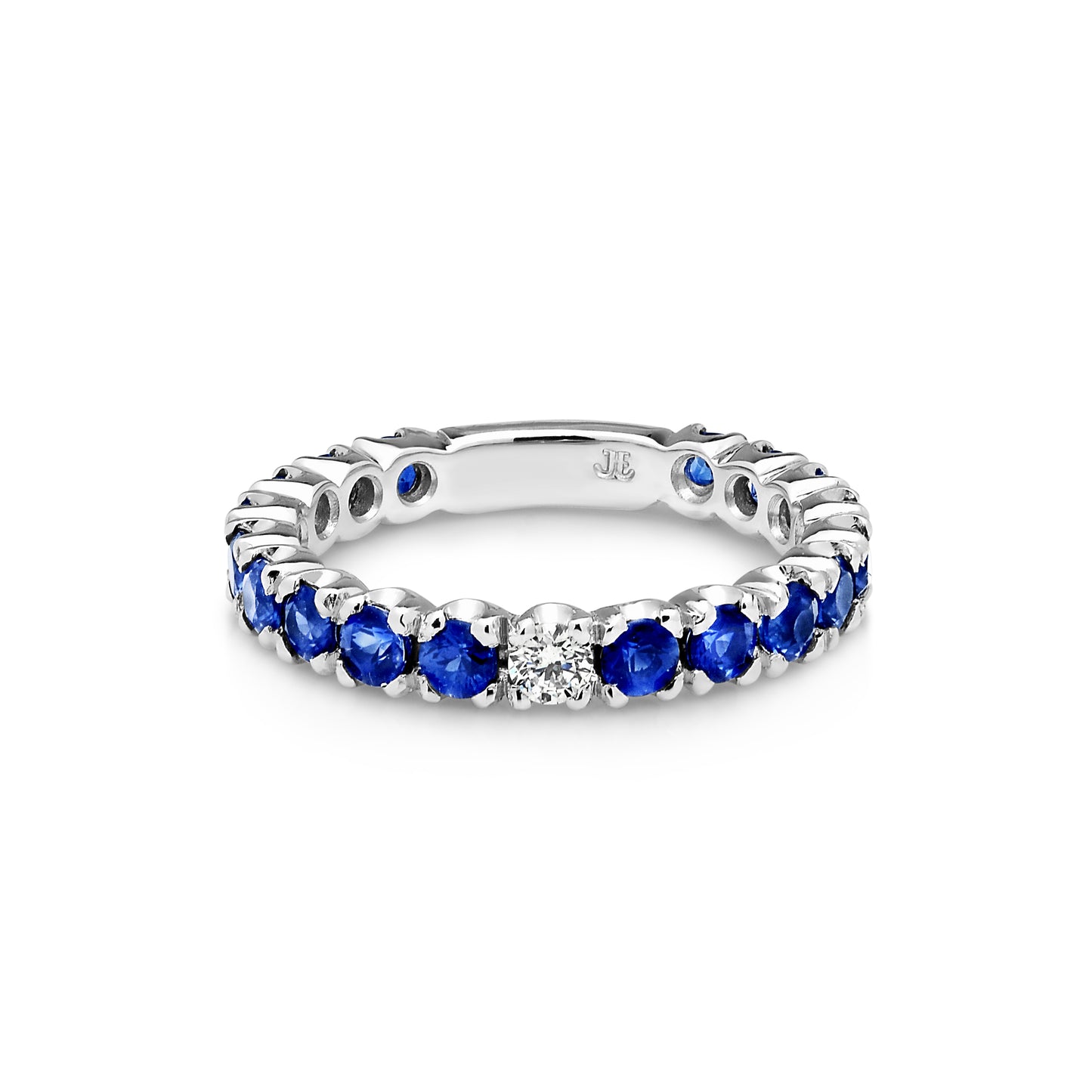 JE 18ct White Gold Sapphire Band Featuring One Diamond