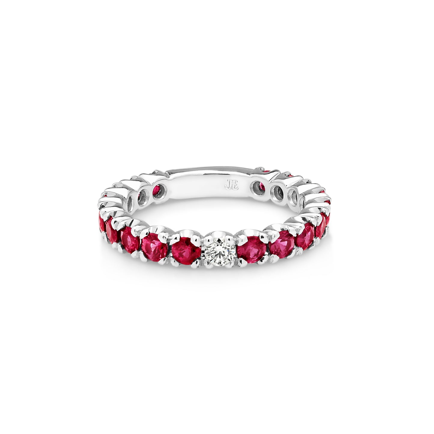 JE 18ct White Gold Ruby Band Featuring One Diamond