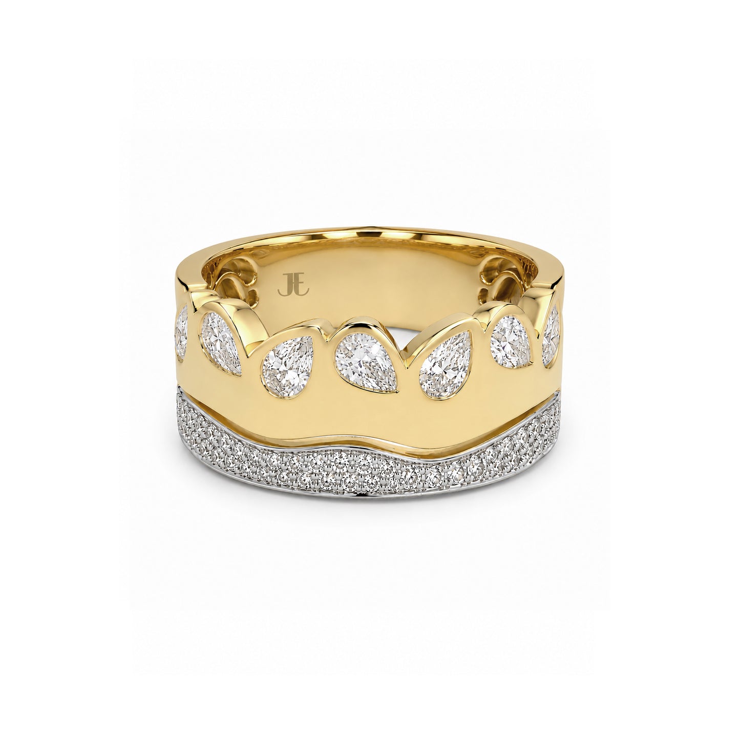 18ct Two Tone Pave and Pear Shape Diamond Wave Ring