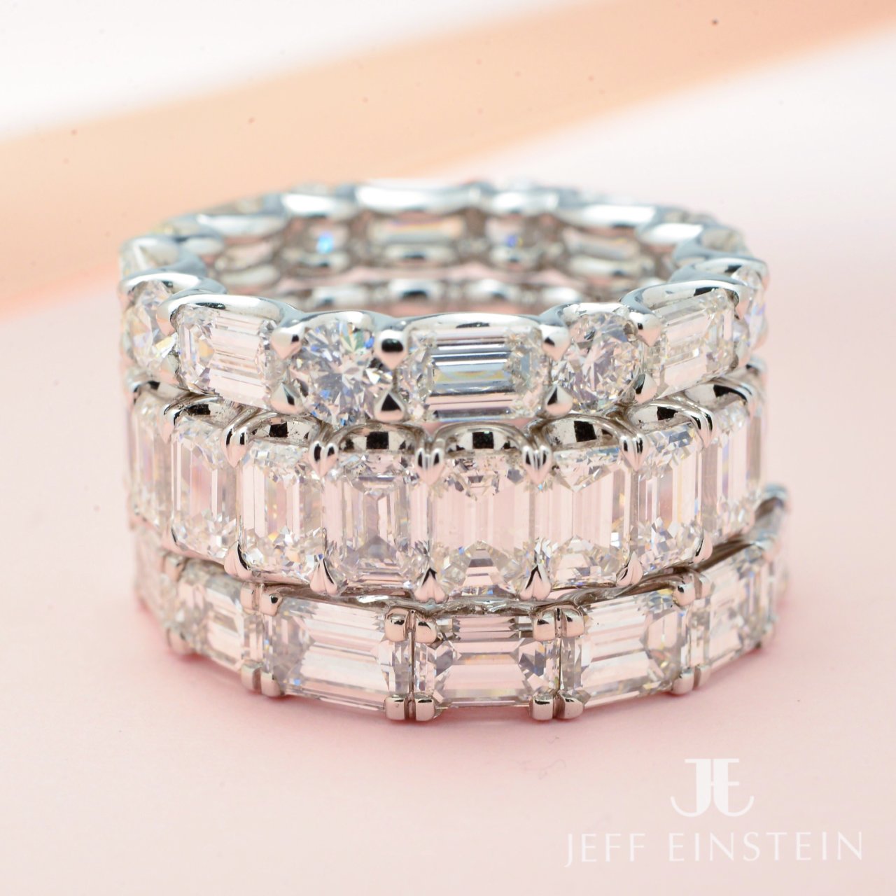 Platinum Emerald and Round Brilliant Cut Diamond Band