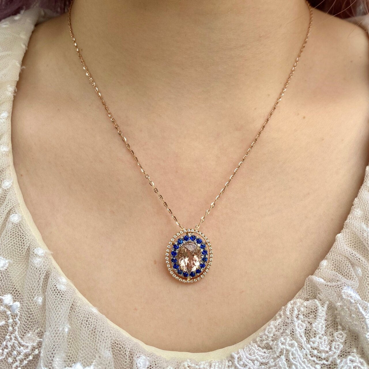 18ct Rose and White Gold Morganite and Sapphire Necklace