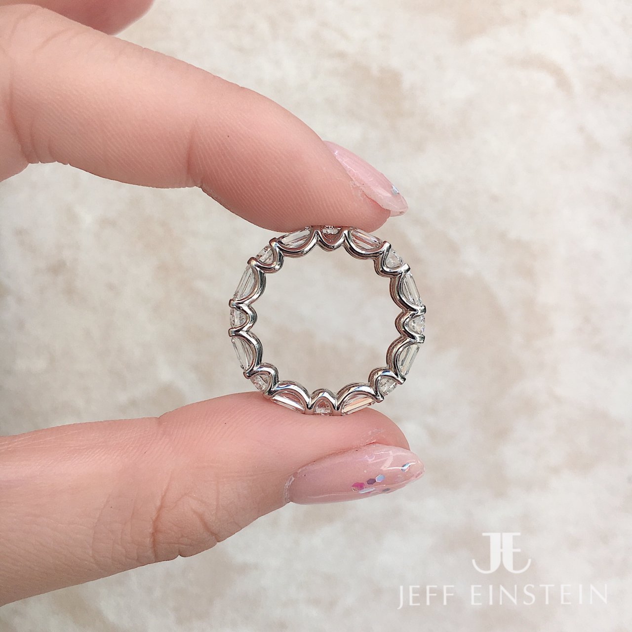 Platinum Emerald and Round Brilliant Cut Diamond Band
