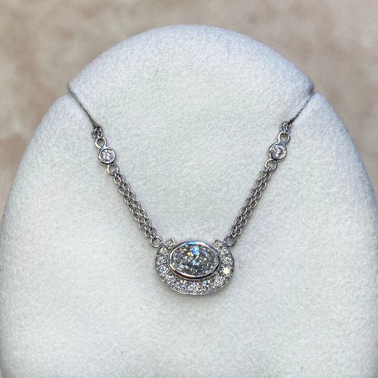 18ct White Gold Semi Halo Oval Diamond Necklace