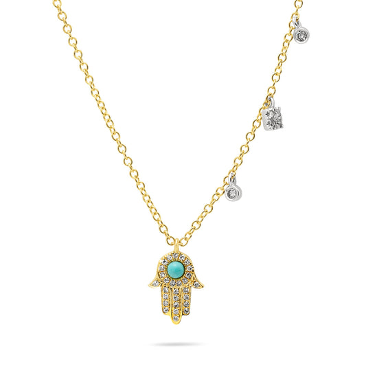 14ct Yellow Gold Turquoise and Diamond Hamsa Necklace