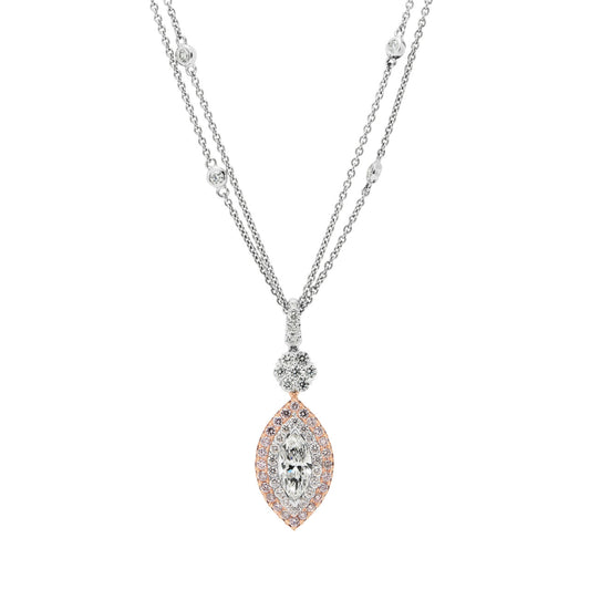 Platinum and 18ct Rose Gold Double Halo Marquise Diamond Pendant