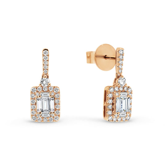 18ct Rose Gold Baguette and Round Brilliant Cut Diamond Studs