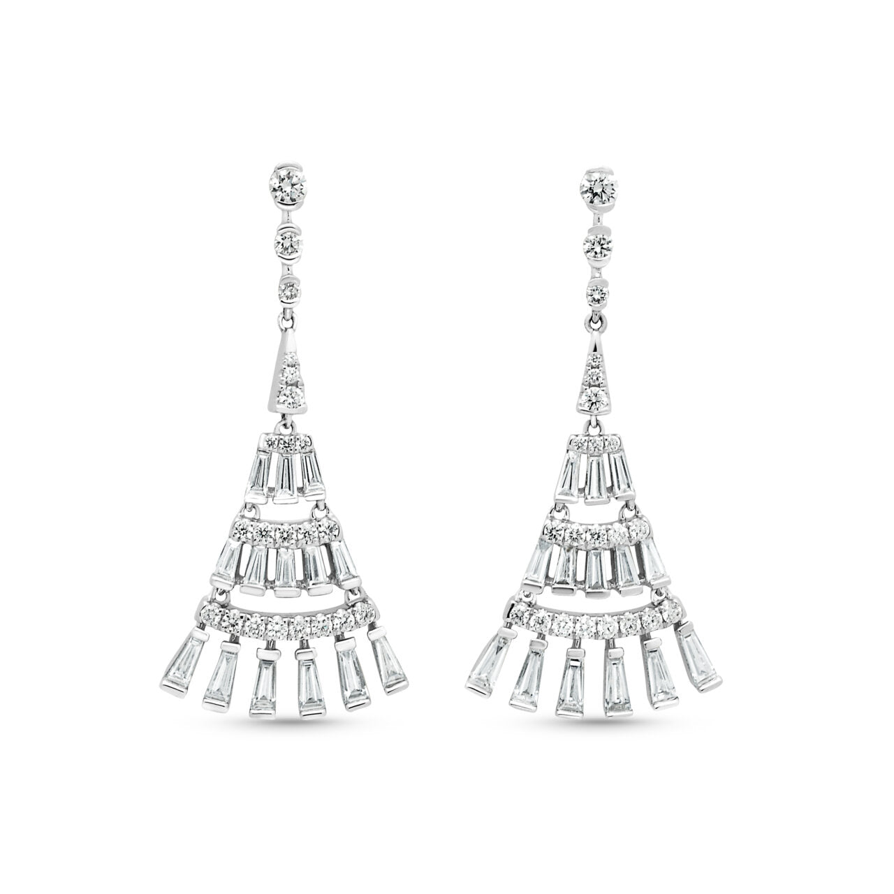 18ct White Gold Baguette Diamond Fan Drop Earrings