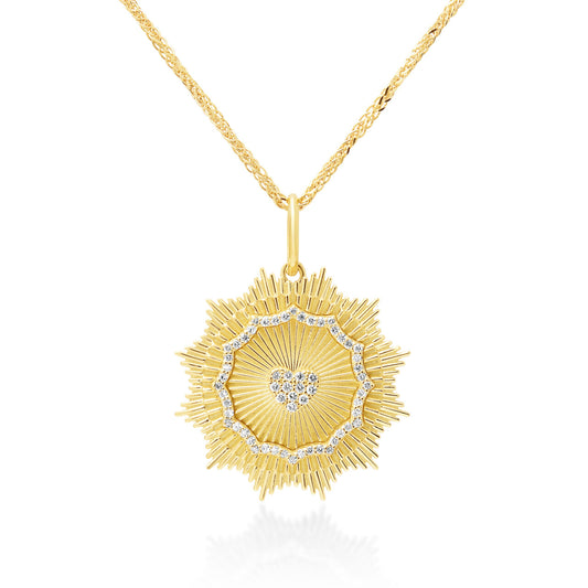 18ct Yellow Gold Heart Diamond Sunburst Medallion Pendant