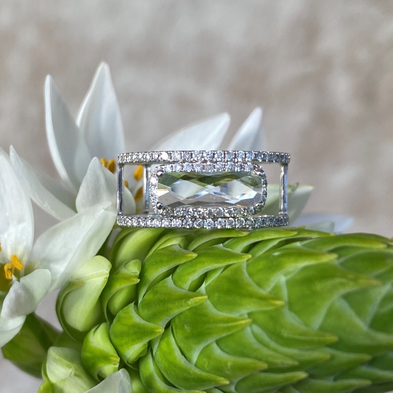 14ct White Gold White Topaz and Diamond Ring