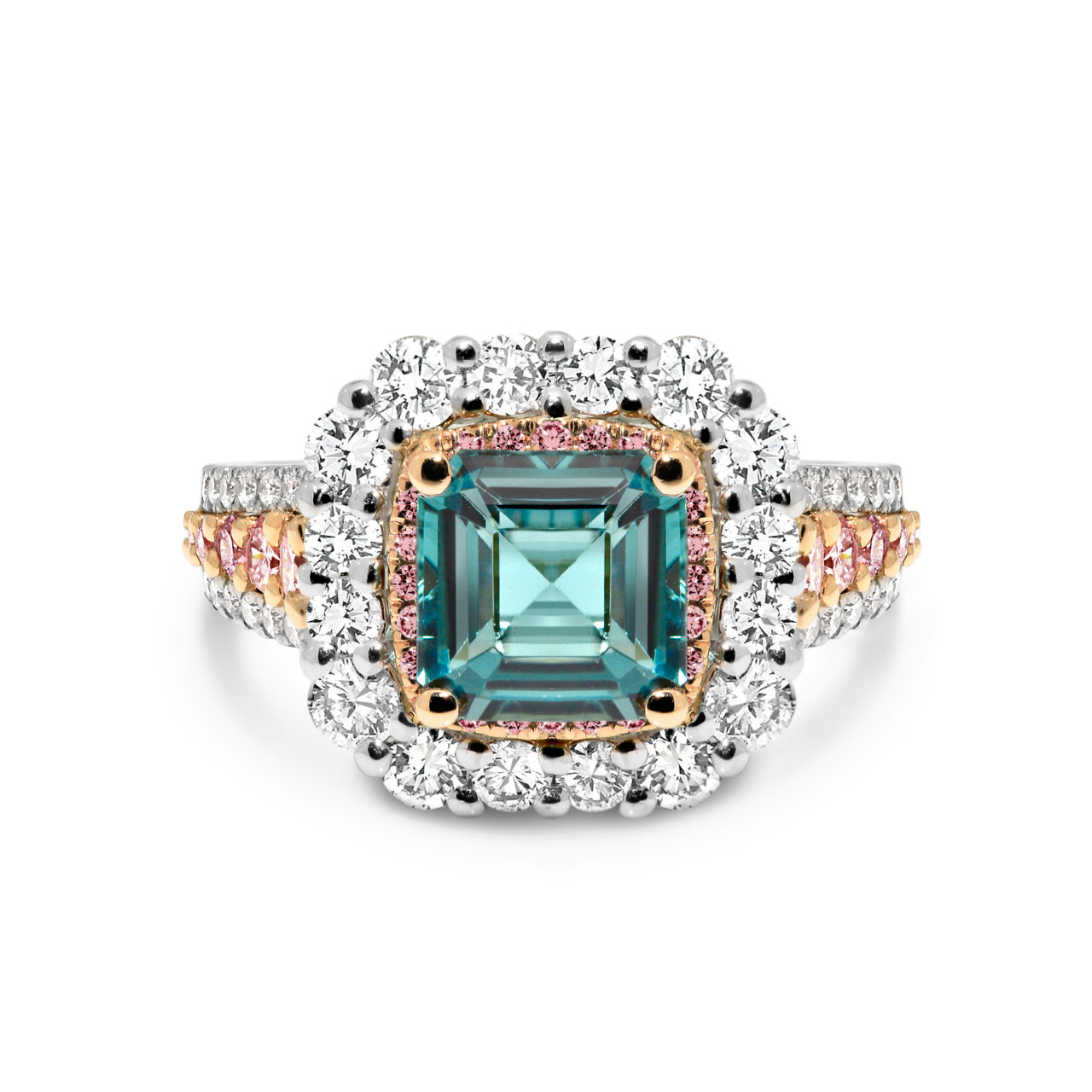 Square Emerald Cut Tourmaline Dress Ring with a Halo and Pink Diamonds