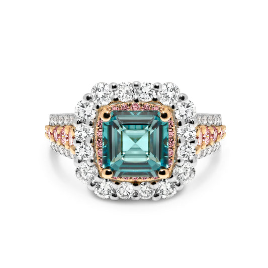 Square Emerald Cut Tourmaline Dress Ring with a Halo and Pink Diamonds