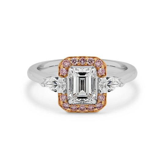 18ct Two Tone Emerald Cut Diamond Engagement Ring With a Pink Diamond Halo