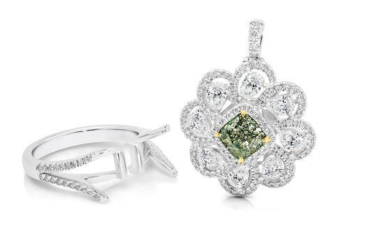 18ct White Gold Convertible Light Green Diamond Flower Ring and Pendant