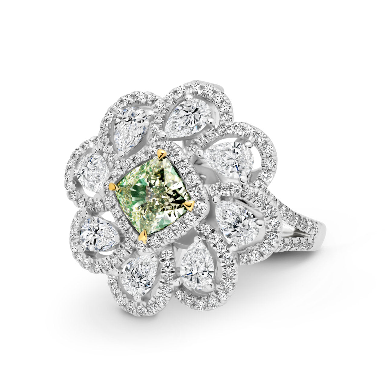 18ct White Gold Convertible Light Green Diamond Flower Ring and Pendant
