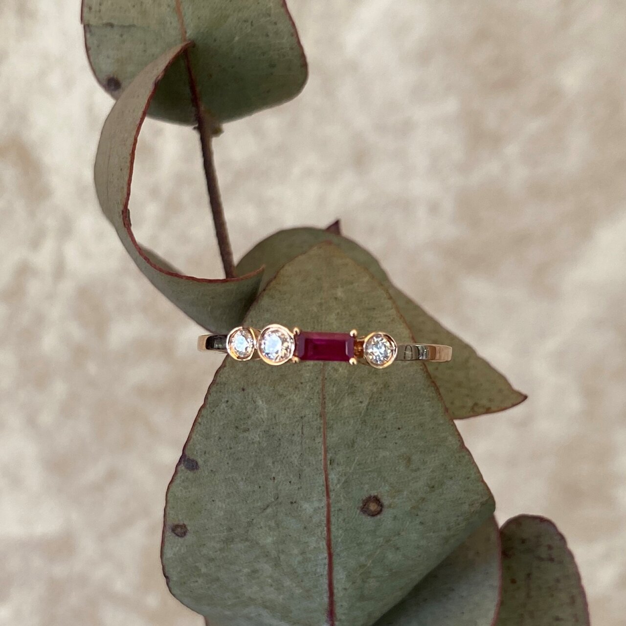 JE Petite 14ct Rose Gold Ruby and Diamond Stacking Ring