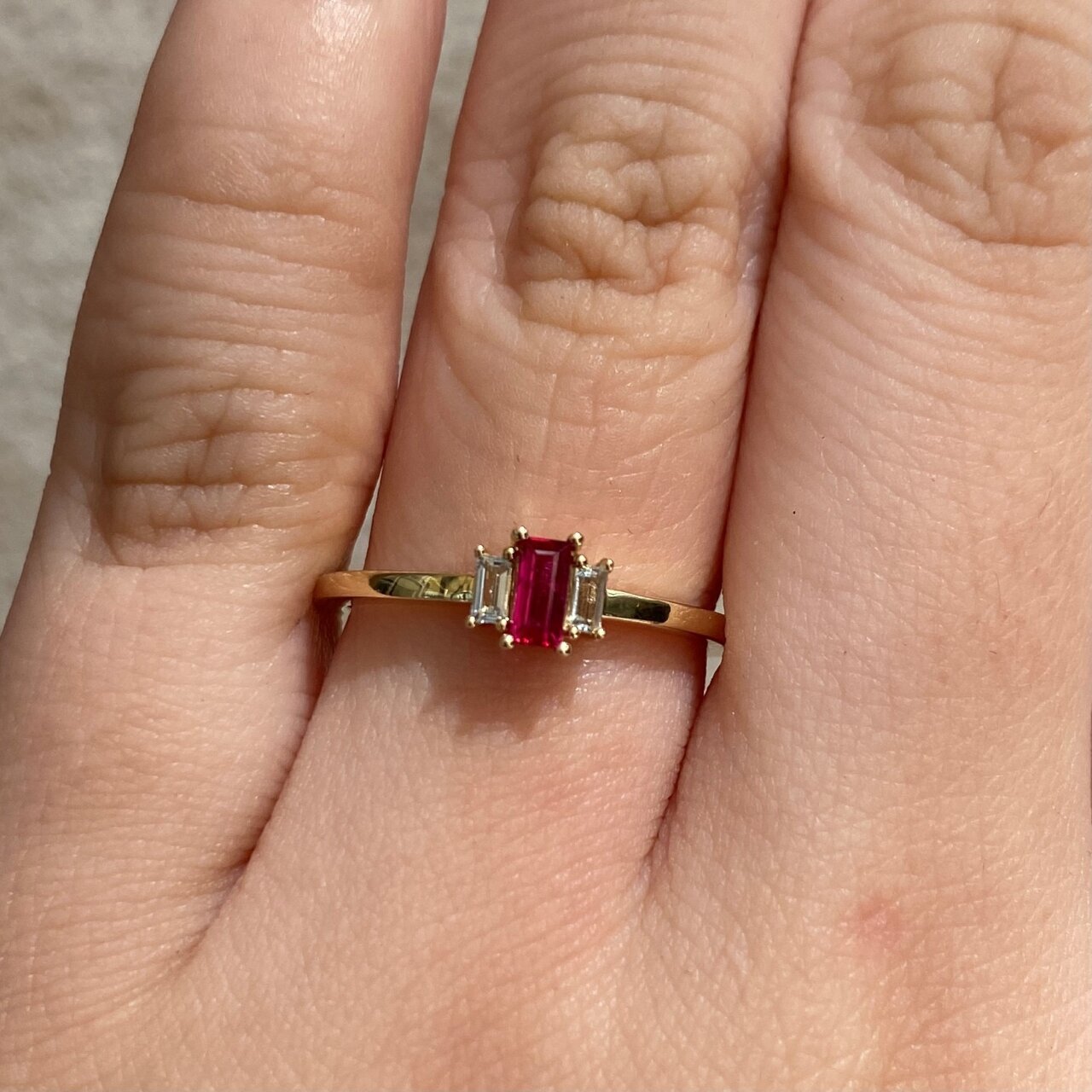 JE Petite 14ct Yellow Gold Ruby and Blue Topaz Ring