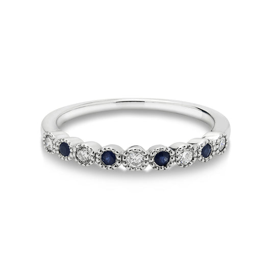 9ct White Gold Petite Sapphire and Diamond Millegrain Ring