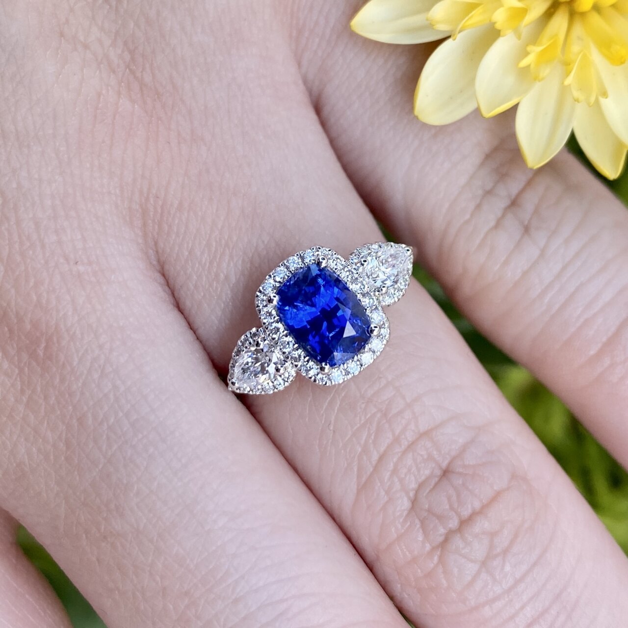 18ct White Gold Sapphire and Diamond Trilogy Halo Ring