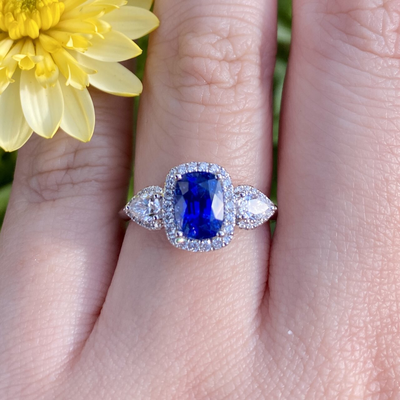 18ct White Gold Sapphire and Diamond Trilogy Halo Ring