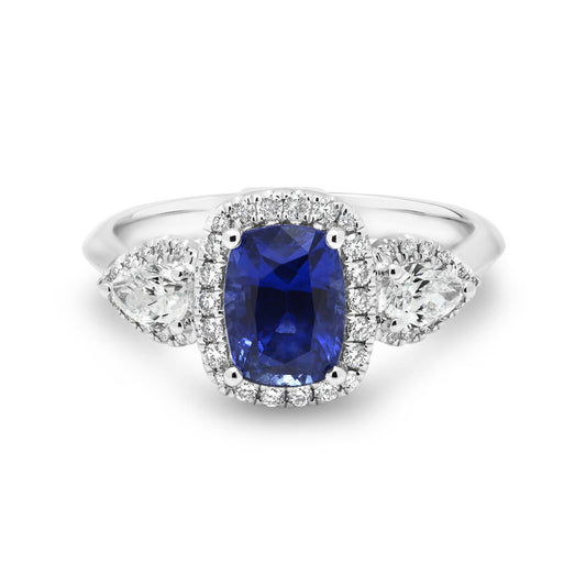 18ct White Gold Sapphire and Diamond Trilogy Halo Ring