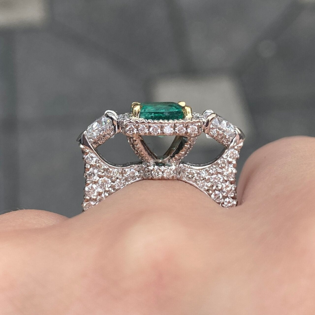 18ct White Gold Emerald and Heart Diamond Dress Ring