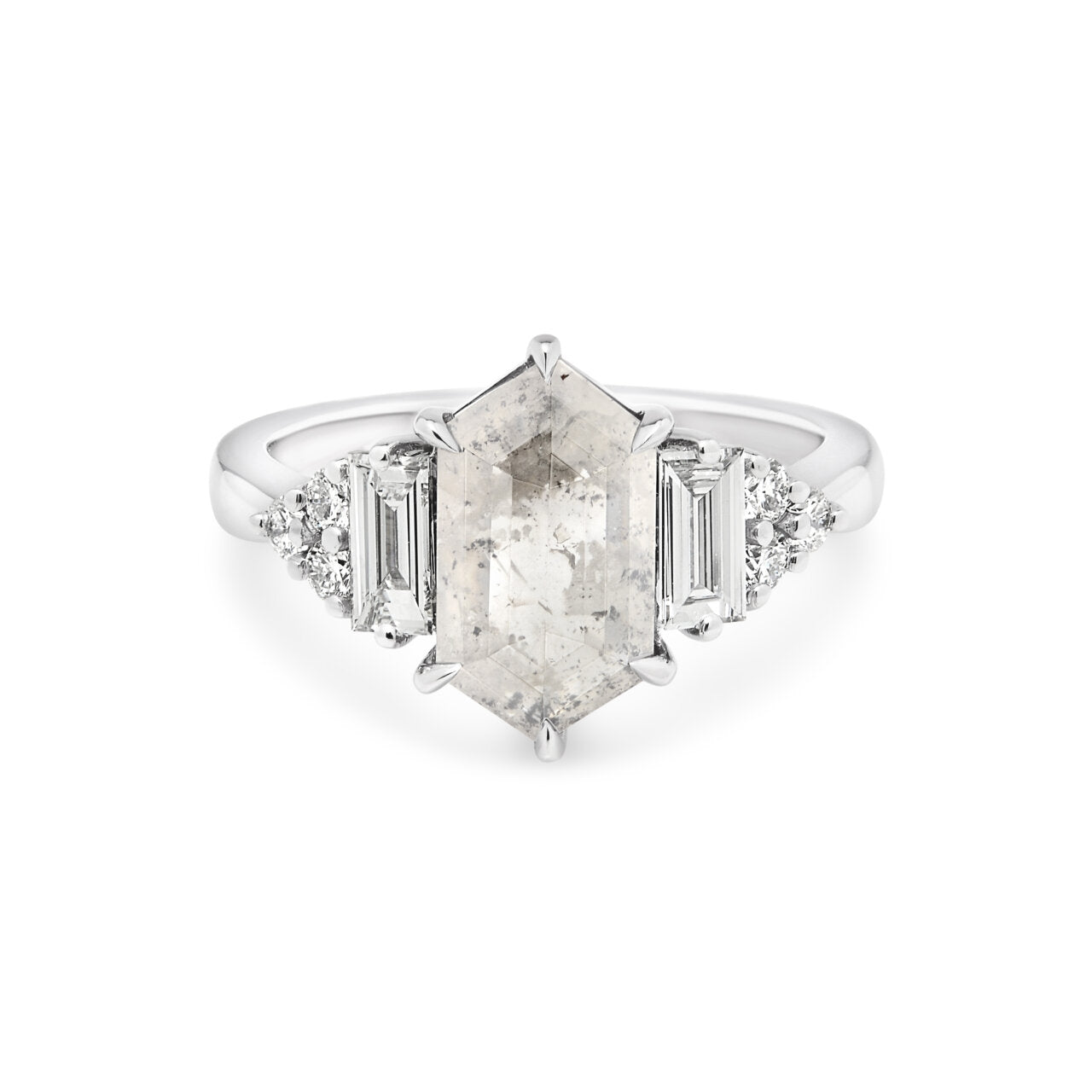 18ct White Gold OOAK Salt & Pepper Hex Diamond Ring