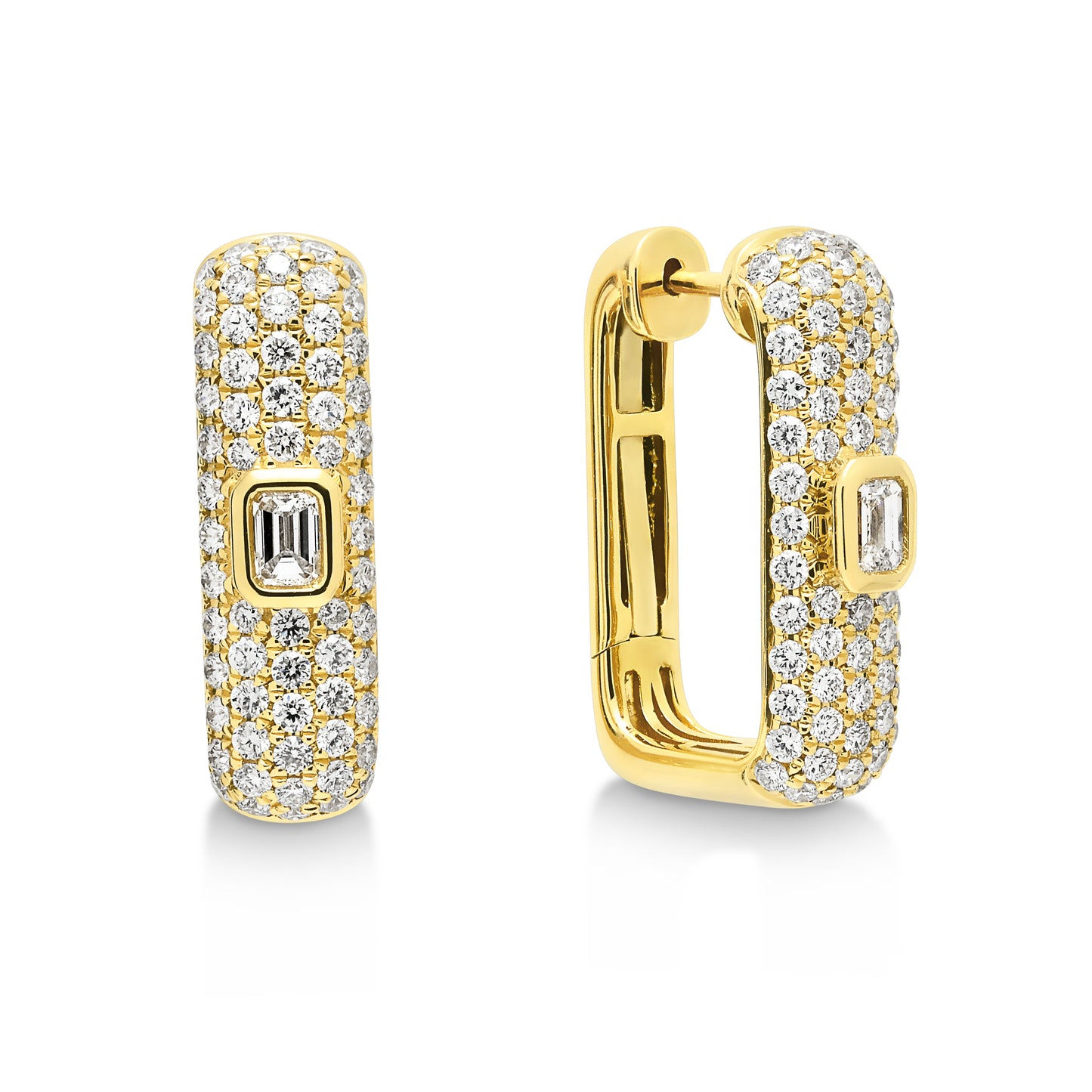 18ct Yellow Gold Pave Diamond and Emerald Cut Diamond Hoops