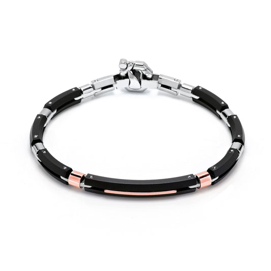 Baraka Gents 18ct Rose Gold, Black Stainless Steel Bracelet with Diamond Clasp