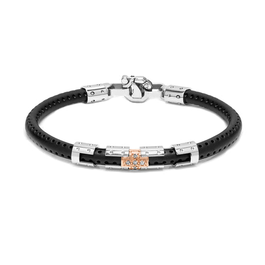 Baraka Gents 18ct Rose Gold, Black Rubber and Stainless Steel Bracelet with Diamonds