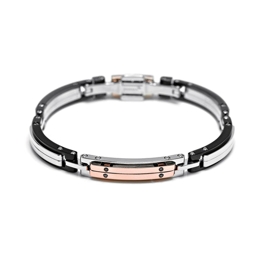 Baraka Gents 18ct Rose Gold, Black PVD Stainless Steel Bracelet with Black Diamonds
