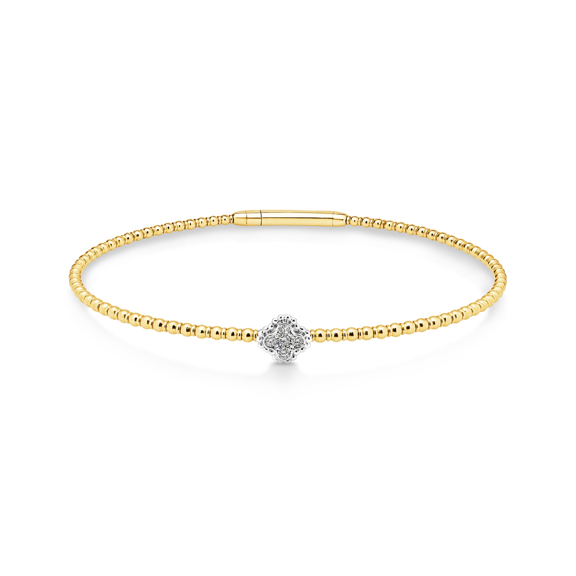 14ct yellow gold granule style bangle featuring 5 diamonds set into one white gold clover shaped station weighing a total of 0.10ct. This Flexi-style bangle has an easy close clasp