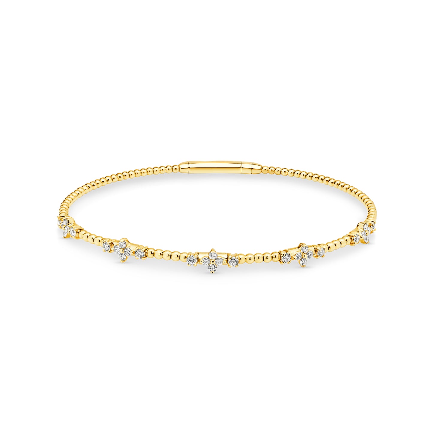 14ct yellow gold granule style bangle featuring 30 diamonds set into soft floral starburst arrangements weighing a total of 0.48ct. Flexi-style bangle has an easy close clasp