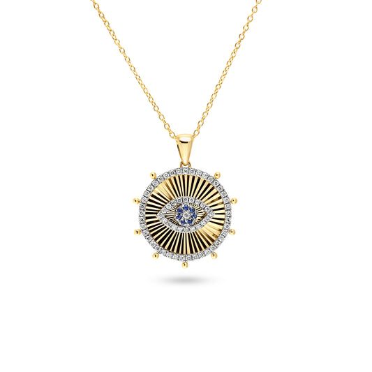 14ct Yellow and White Gold Diamond and Sapphire Evil Eye Medallion Pendant