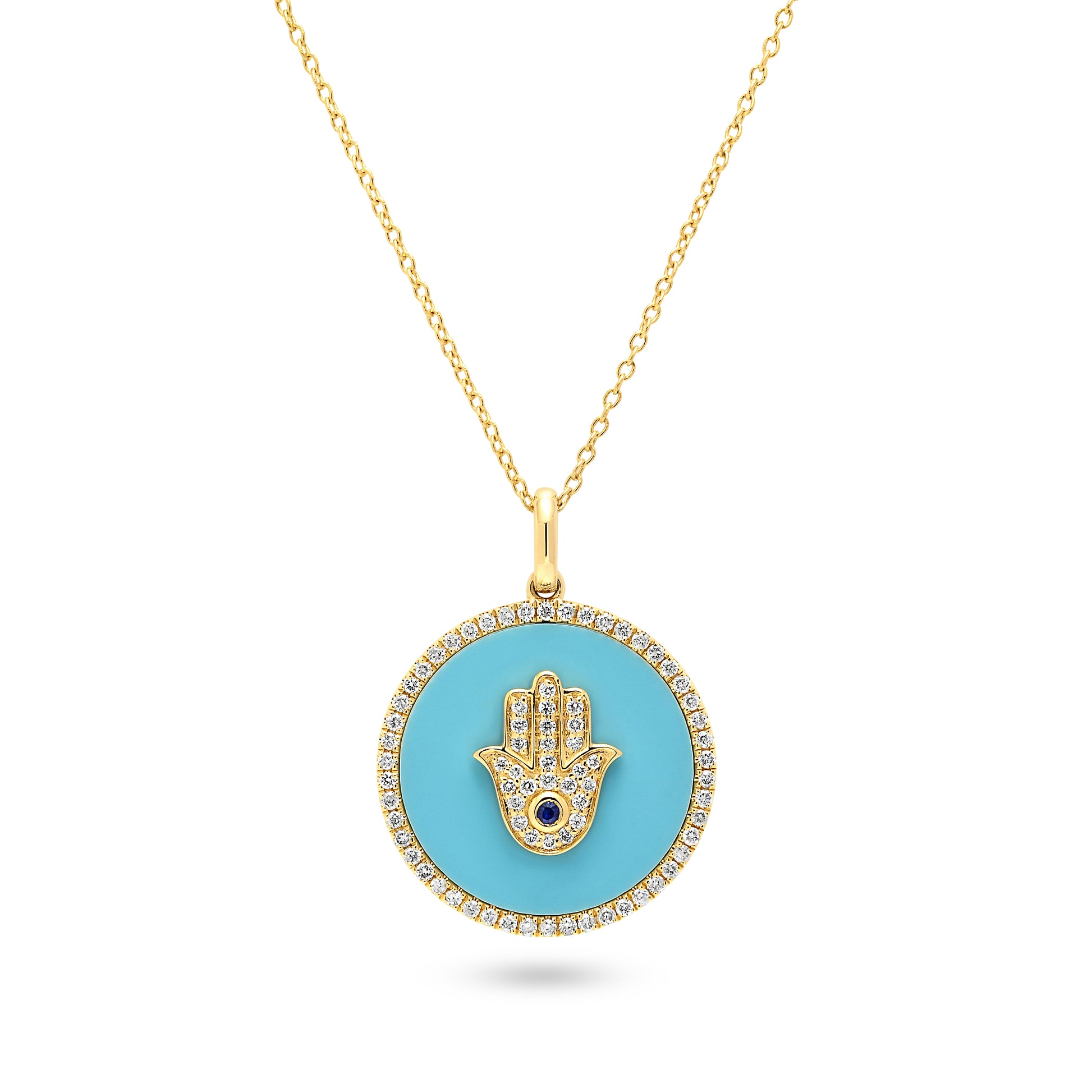14ct Yellow Gold Diamond and Sapphire Hamsa Turquoise Medallion