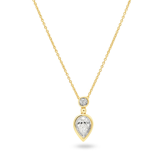 14ct Yellow Gold Necklace with Round and Pear Shape Diamond Pendant
