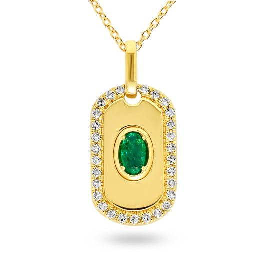 14ct Yellow Gold Oval Shaped Emerald and Diamond Pendant