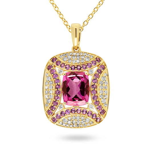 9ct Yellow Gold Pink Topaz, Rhodolite Garnet and Diamond Pendant
