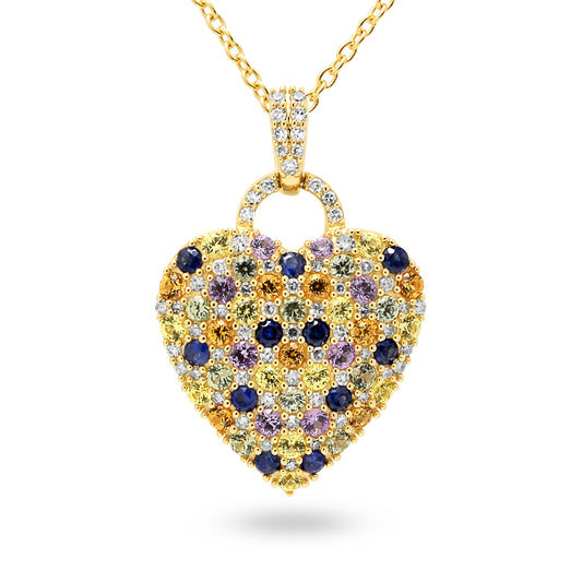 9ct Yellow Gold Heart Shaped Multcolour Sapphire and Diamond Pendant