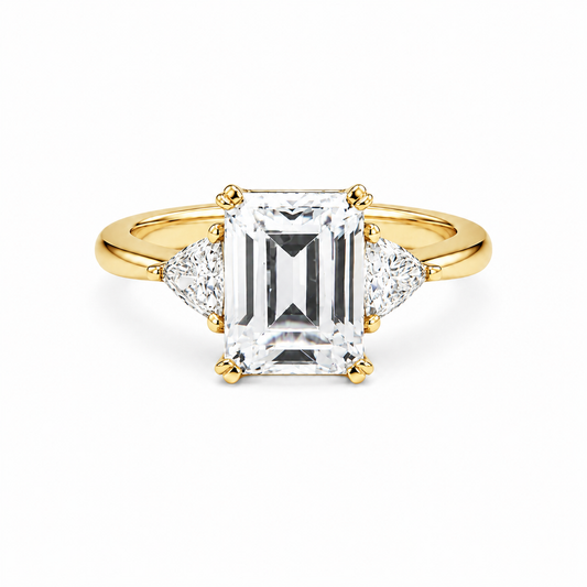 Yellow Gold Trilogy Emerald and Trillion Cut Diamond Engagement Ring