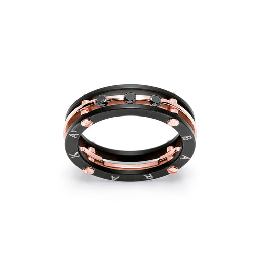 Baraka Gents 18ct Rose Gold Black Stainless Steel Ring with Black Diamonds